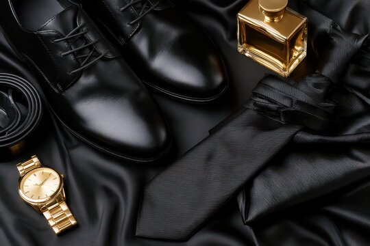 Elegant black leather men's dress shoes, tie, belt, gold watch, and cologne bottle on satin.