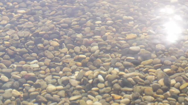 ゆらゆら揺れる水面に反射する太陽の光と水底に広がる小石のテクスチャ