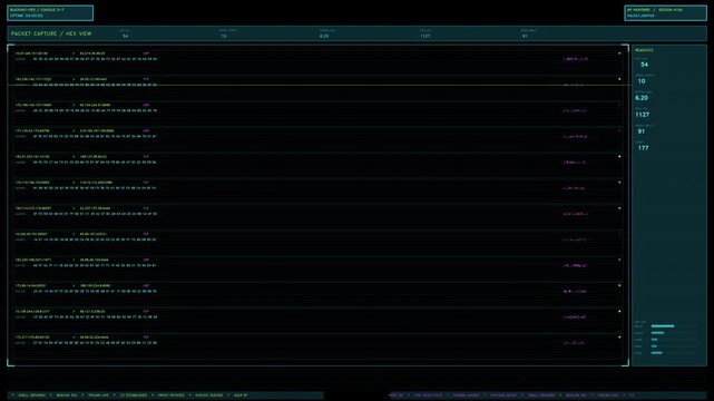 A cyan and magenta cybersecurity terminal interface showing real time network packet capture and hex data readouts. Features scrolling logs and updating metrics with a transparent background