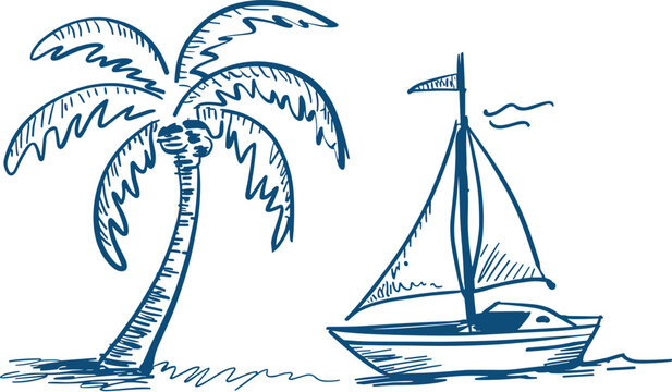 Hand drawn tropical beach scene, palm tree and sailboat sketch vector illustration for coastal travel themes