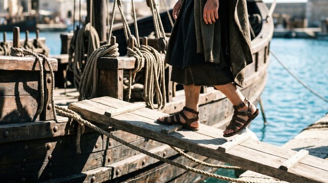 Man in ancient costume walking on wooden plank onto old ship. Biblical traveler boarding vessel in harbor. Historical scene of apostle setting sail for journey. Ancient sea voyage concept.