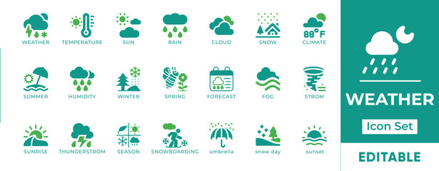 Obraz premium Weather Forecast Season Climate Tornado Lightning Blizzard Temperature Meteorology Fahrenheit Vector Icon Set