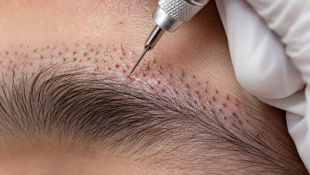 Tight macro shot of surgeon hands performing eyebrow transplant with hair grafts using precision tool, professional medical procedure in clinic, sterile environment.