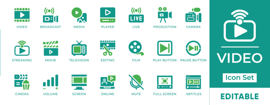 Video Streaming Media Production Footage Broadcast Cinema Vlog Caption Editing Vector Icon Set