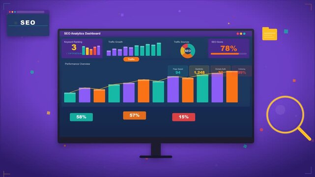 Modern flat motion graphic animation of an SEO analytics dashboard on a desktop screen, featuring colorful bar charts, traffic growth data, and website performance metrics over a purple background.