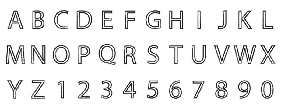 Cute hand drawn crayon or chalk font. Doodle sketch alphabet letters and numbers. Painted ABC brush font with hand drawn chalk strokes, textured letters. Artistic handwritten typography alphabet in 