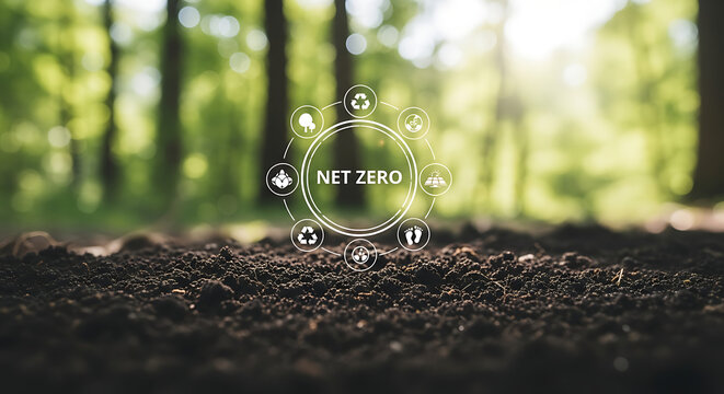 Net zero emission hologram floating over fertile soil in forest environment