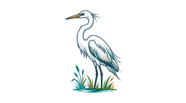 Elegant White Egret Standing in Reeds by Water