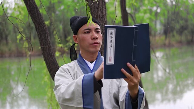 Ancient Chinese scholars studying on the riverbank