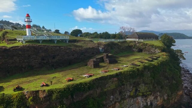Aerial Pan Historic Niebla Castle Fort With Ancient Cannon And Lighthouse On Coastal Cliff Chile