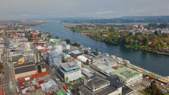 Aerial Establishing of Valdivia City Coastline Schuster Pier Fluvial Market Calle Calle River Chile