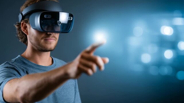 A person explores immersive technology by using a VR headset and engaging with augmented reality visuals. The scene highlights innovation, digital interaction, and modern tech trends