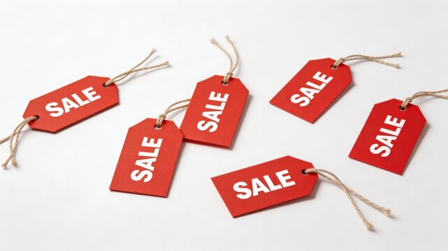 Red sale tags with white text on a clean white background, perfect for advertising and marketing materials