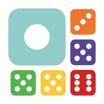 Modern dice icon set featuring square faces with rounded corners and circular pips on a white background. Gaming and luck concept