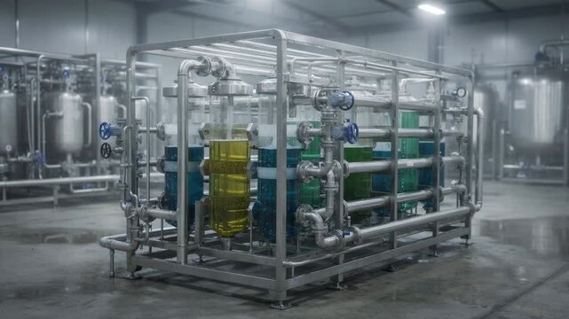 Medium shot capturing membrane filtration units in an effluent treatment facility treating colored wastewater by advanced separation technology for highquality reuse