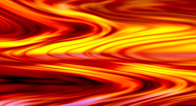 Vibrant red and orange abstract liquid waves with yellow highlights creating intense fiery motion blur texture design.