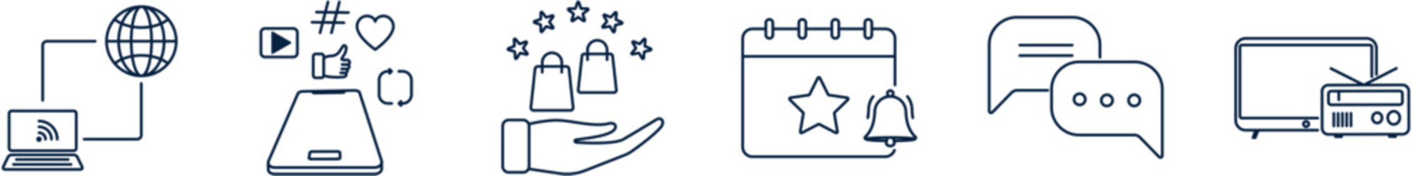 Outline banner icon representing public relations business, symbolizing communication, branding, and corporate engagement across digital and traditional media channels