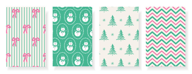 Set of four seamless Christmas patterns with snowflakes, snowmen, trees, branches and bows in teal, pink and cream. Cute festive vector background for wrapping paper, fabric, cards and holiday decor. © Natalya