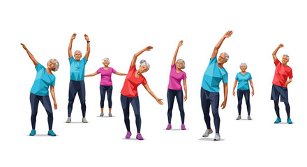 Obraz premium Seniors energetically doing group fitness exercises, stretching in vibrant sportswear, set against a clean white background, showcasing active aging