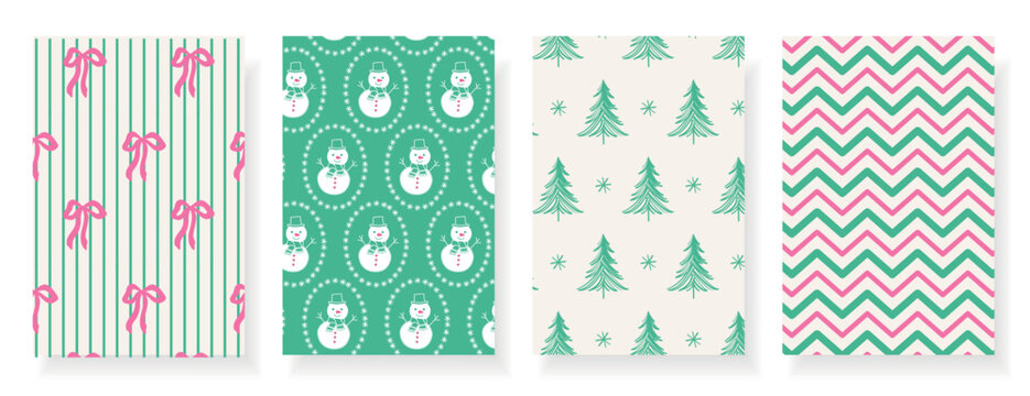 Set of four seamless Christmas patterns with snowflakes, snowmen, trees, branches and bows in teal, pink and cream. Cute festive vector background for wrapping paper, fabric, cards and holiday decor.