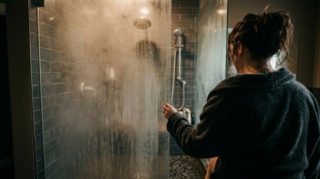 A person in a steamy bathroom shower opens a foggy glass door.