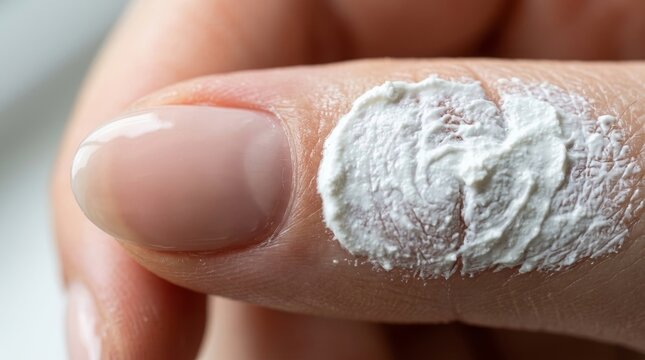 A close up of a finger with white cream applied on the skin.
