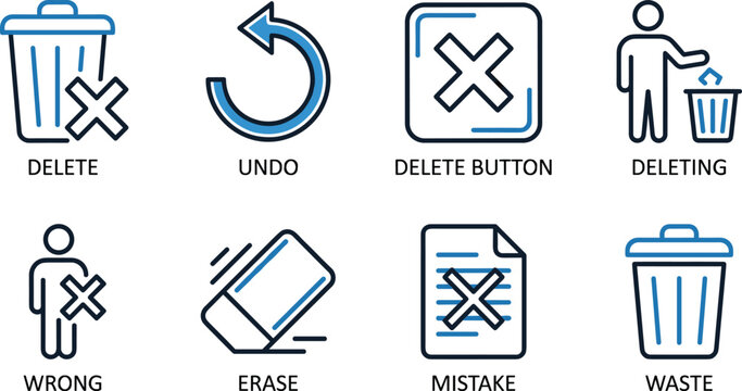 Data management and file removal icons featuring eraser trash can undo arrow and delete button set for ui.