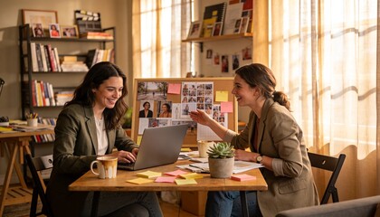Fototapeta premium Typing and pointing women collaborating in studio, blazers, jeans, laptop moodboard sticky notes
