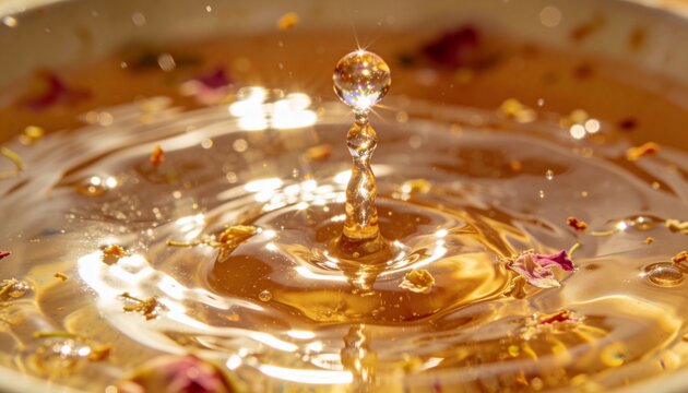 Rising splash column holding spherical droplet in studio macro, showing ripples, rose petals, shine