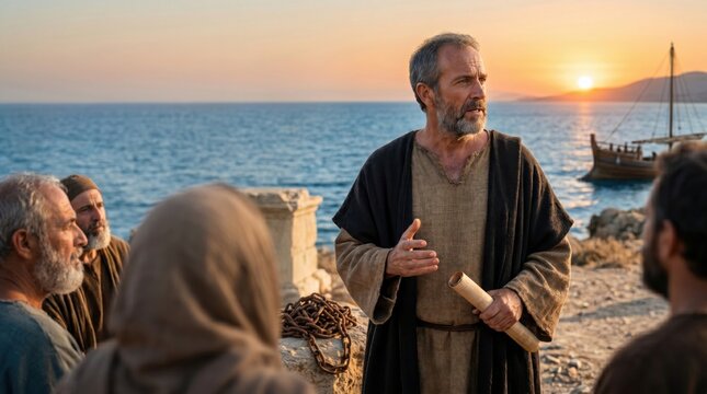 Biblical apostle Paul preaching to disciple group on Mediterranean shore at sunset. Cinematic depiction of ancient missionary voyage from acts of apostles with old wooden sailing ship.