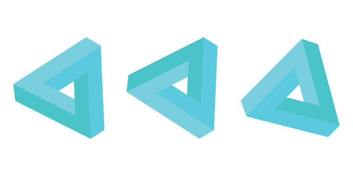Isometric impossible Penrose triangle on turquoise blue. Confusion, impossibility, imagination and unity of opposites. Flat design. Vector