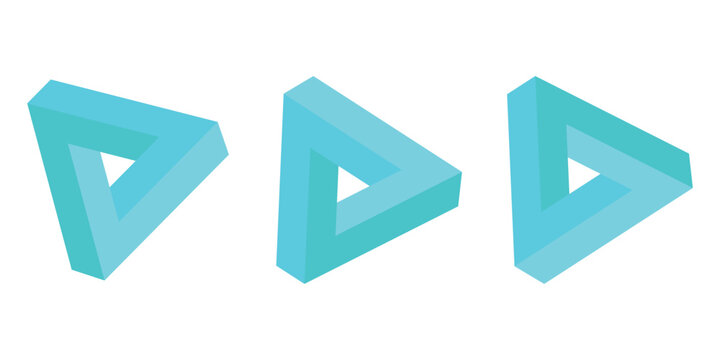 Isometric impossible Penrose triangle on turquoise blue. Confusion, impossibility, imagination and unity of opposites. Flat design. Vector