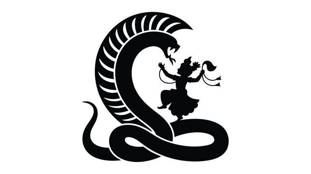 Little boy krishna dancing on hood of kalinga serpent in black flat vector illustration.