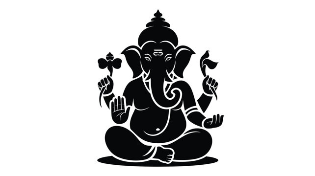 Detailed black silhouette of four armed elephant headed deity in lotus position graphic.