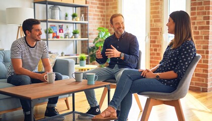 Fototapeta premium Talking center man wearing dark shirt and jeans gesturing in loft living room, with mugs, shelving