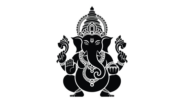 Sitting lord ganesha black silhouette hindu deity vector illustration design.