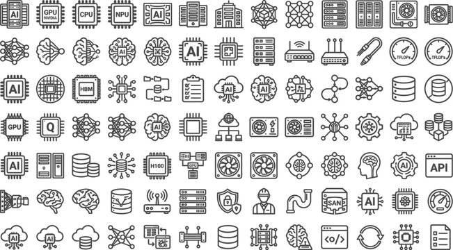 Processors representing artificial intelligence and computing infrastructure are displayed as a collection of technical line art icons.