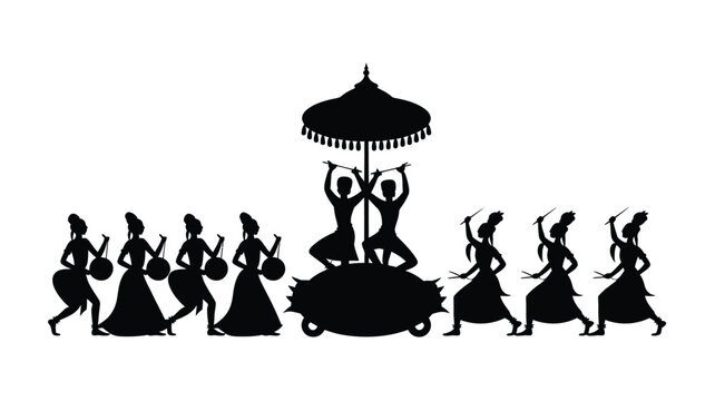 Traditional indian festival percussion parade silhouette with decorative ritual canopy decor.