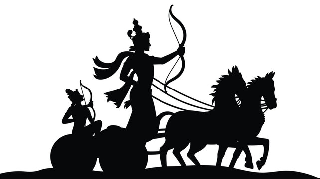 Rama and Lakshmana in chariot with bow and arrow, indian mythological scene.