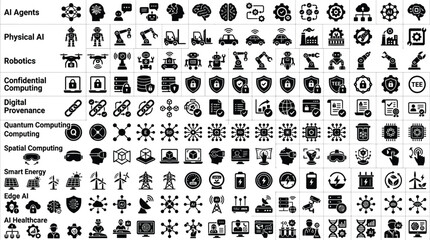 Obraz premium Artificial intelligence icons illustrate complex autonomous systems and modern machine learning concepts for digital interface design.