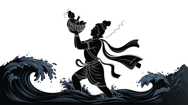 Vasudeva carrying baby krishna in basket across stormy yamuna river waves during monsoon night.