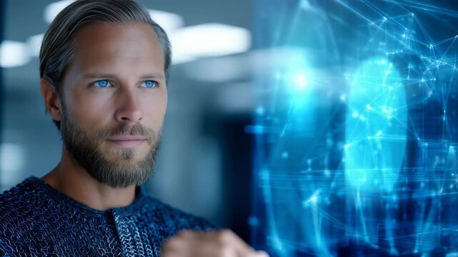 A confident man with a beard uses a transparent touchscreen, visualizing data and network connections. The scene represents future technology, digital transformation, and smart business solutions