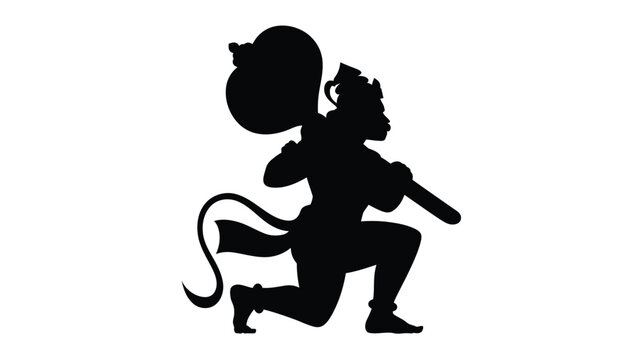 Powerful hanuman silhouette carrying heavy mace weapon in kneeling warrior pose for battle.