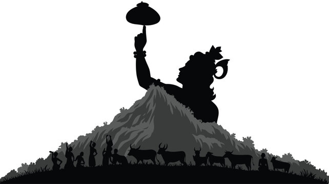 Lord krishna lifting govardhan mountain to protect villagers and cattle from heavy rainfall.