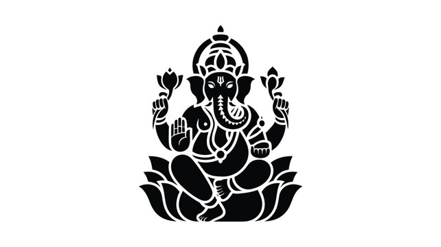 Lord ganesha silhouette on lotus flower vector art illustration on white background.