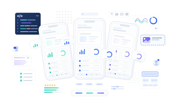 Mobile App Development Illustration. Mobile app development with coding and interface elements with UI, UX, Kit, code, widgets, analytics cards, wireframes, coding panel. Vector graphic