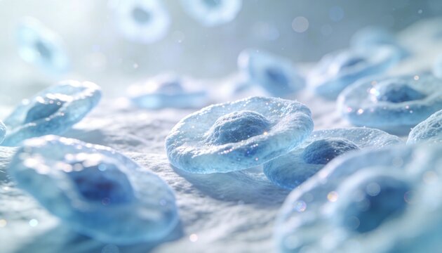 Revealing translucent blue disc biconcave cells clustering on lab slide under scope, showing glints