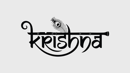 Creative text design of krishna with flute and peacock feather isolated on light background. © Newton