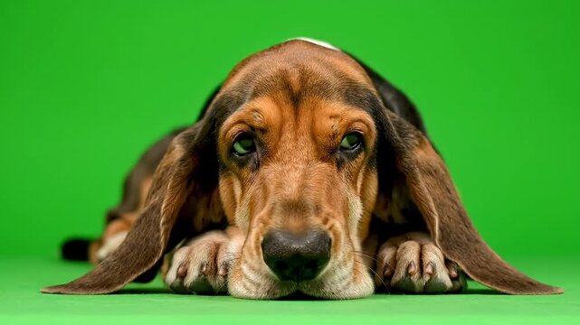 Melancholy Basset Hound with long ears rests its head on a vibrant green backdrop.