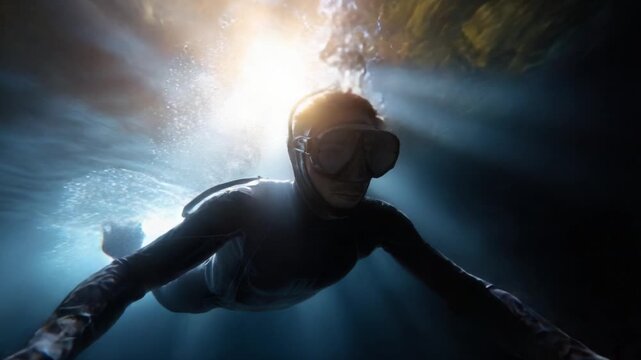 An underwater exploration of breathtaking sights, showcasing a diver's journey through currents illuminated by ethereal light filtering from above the ocean surface.